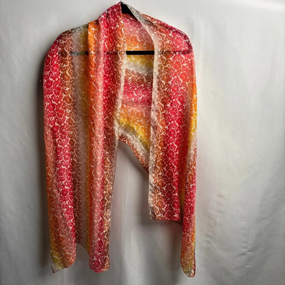 VTG Floral Silk Rectangle Scarf Ombre Red Orange Yellow Sunset Print Sheer Fairy